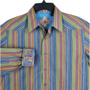 Robert Graham Dress Shirt Mens M Blue Green Red Colorful Striped Flip Cuffs LS